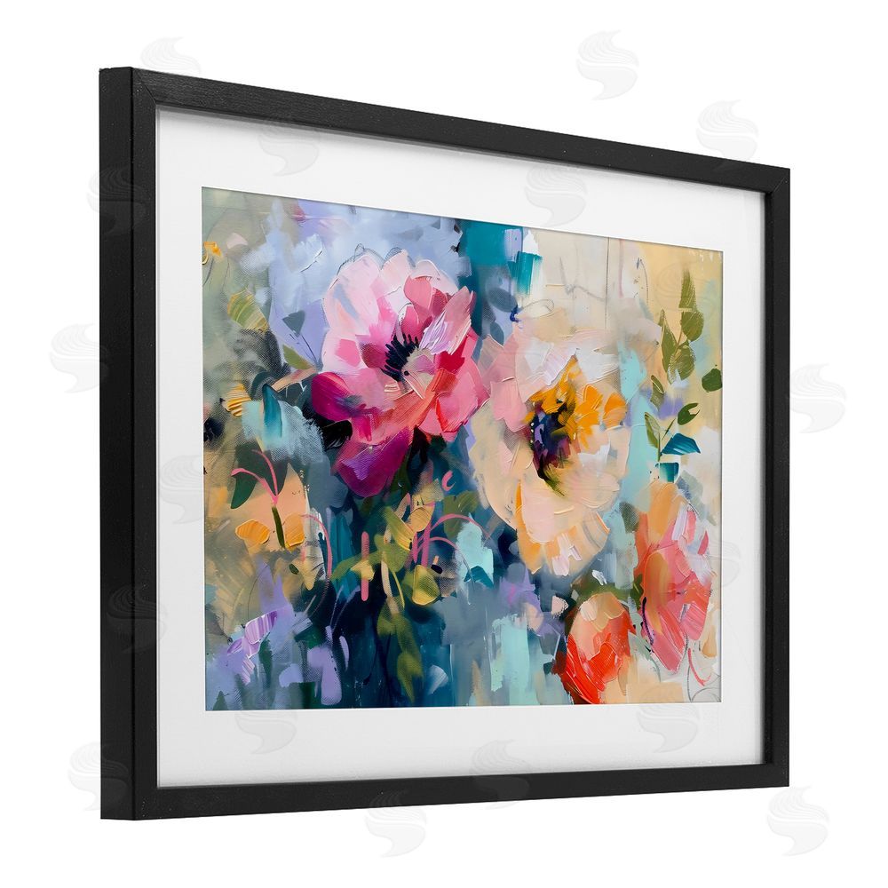 Creative Studio Vibrant Florals Brushed Abstract Black Framed Print Under Glass with White Mat Wall Art