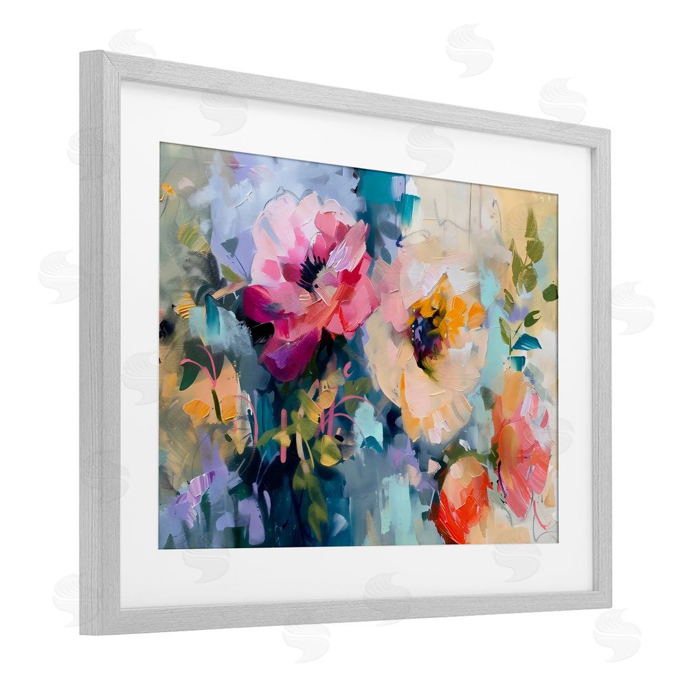Creative Studio Vibrant Florals Brushed Abstract Gray Framed Print Under Glass with White Mat Wall Art