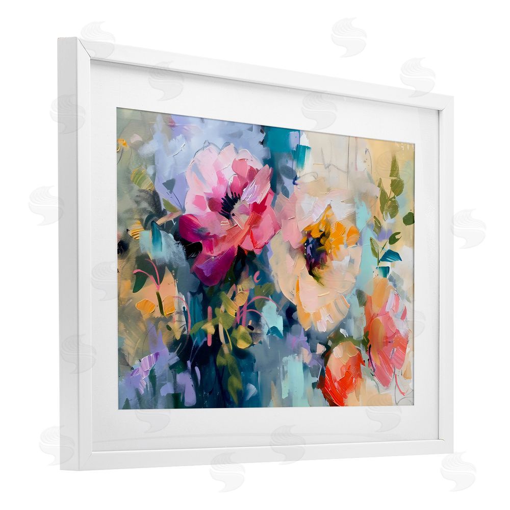 Creative Studio Vibrant Florals Brushed Abstract White Framed Print Under Glass with White Mat Wall Art