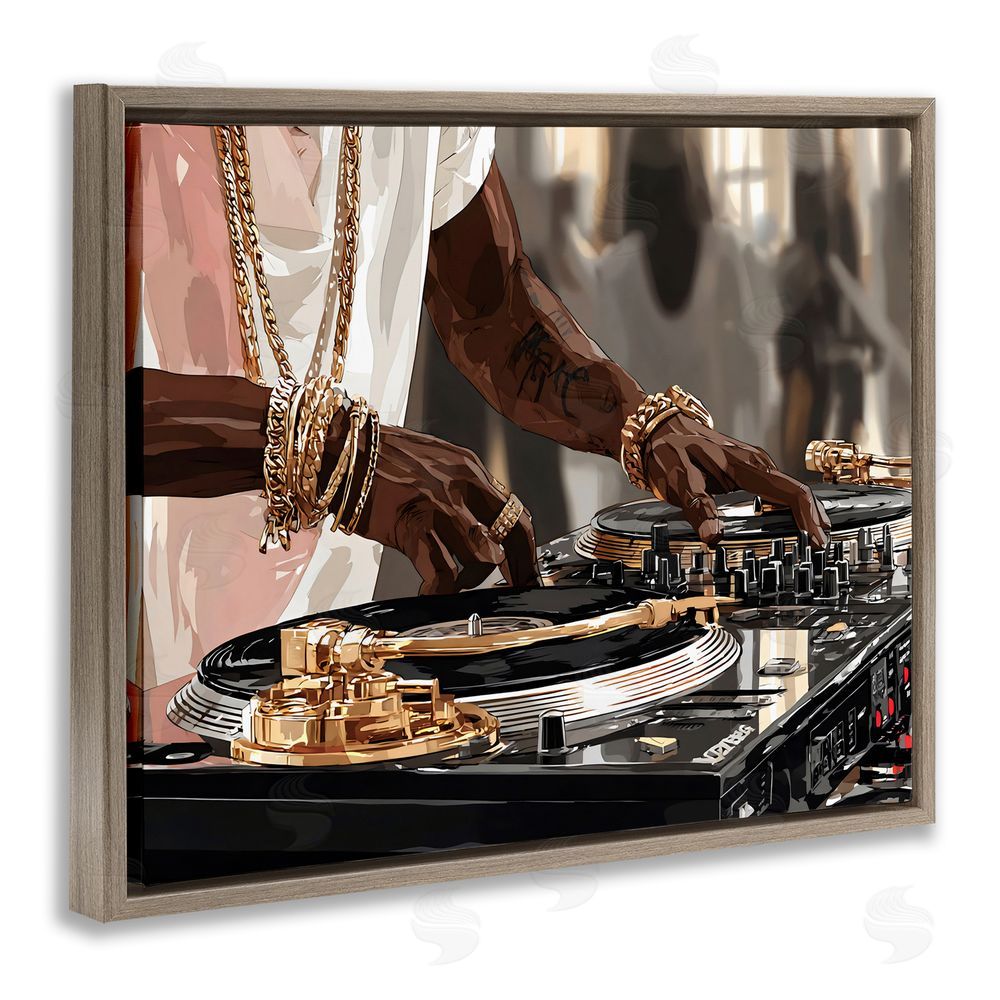 Franklyn Gregory Golden Sound DJ Turntables Brown Floating Framed Canvas Wall Art