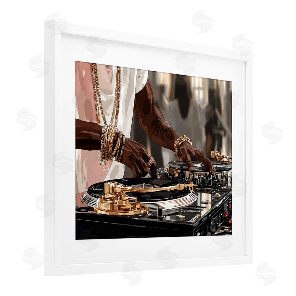 Franklyn Gregory Golden Sound DJ Turntables White Framed Print Under Glass Wall Art