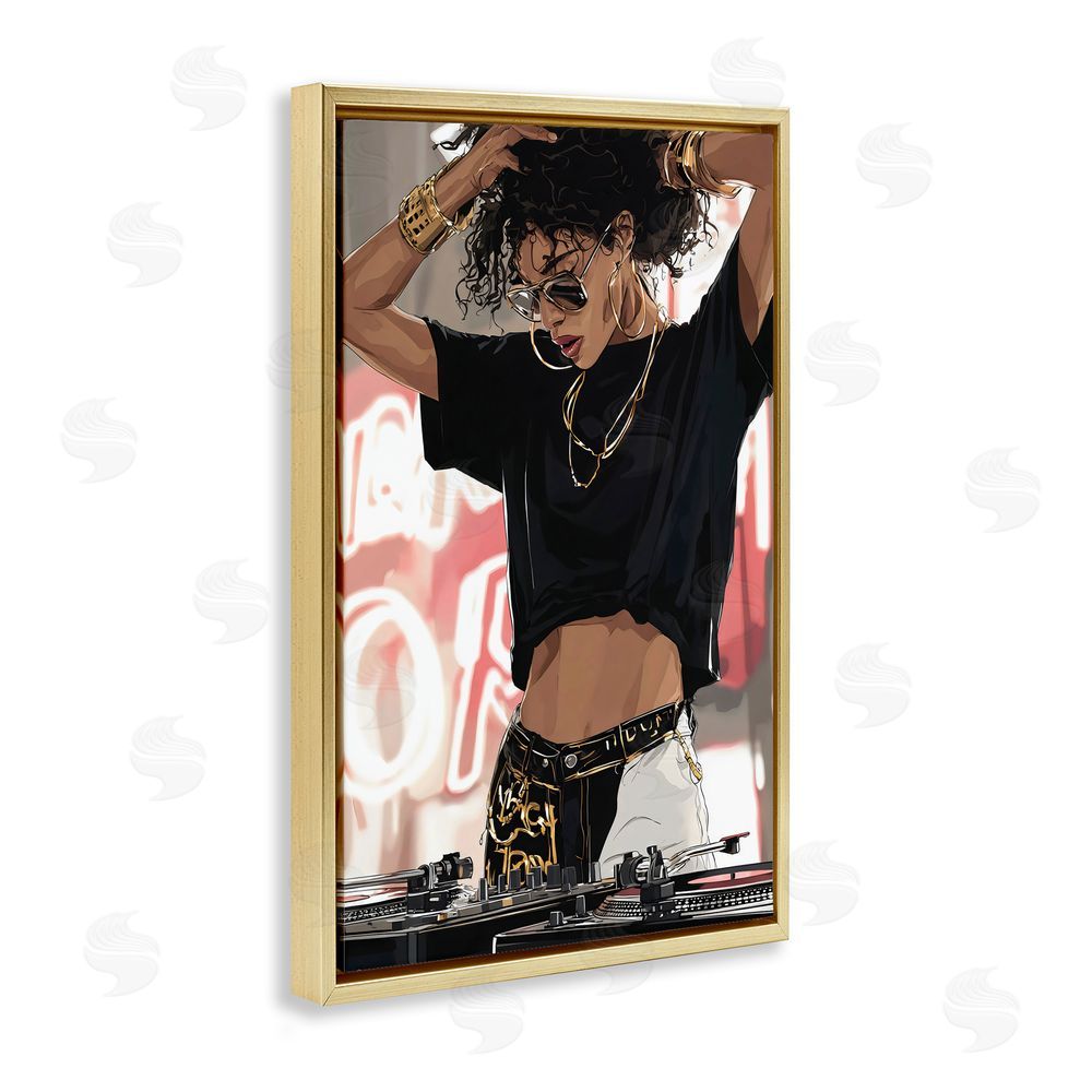 Franklyn Gregory Trendy Female DJ Musician Gold Floating Framed Canvas Wall Art Print