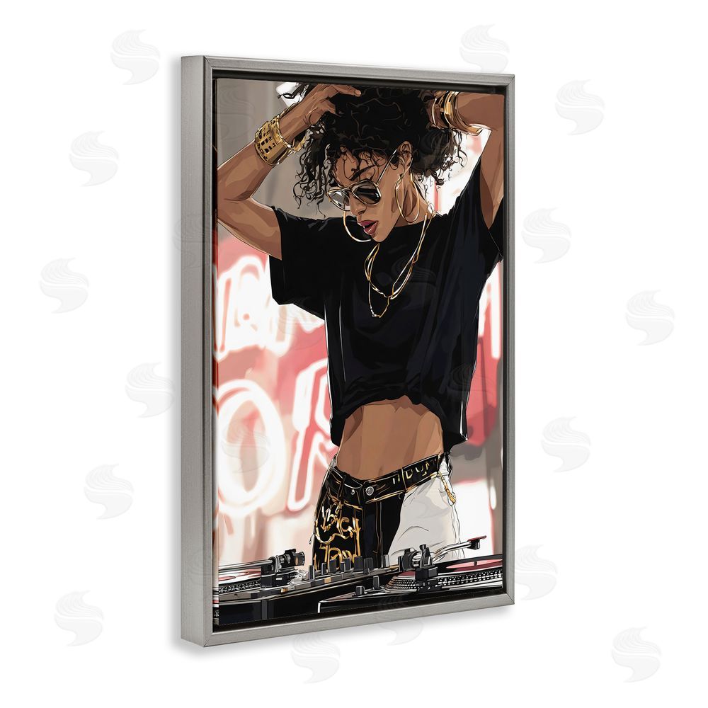 Franklyn Gregory Trendy Female DJ Musician Gray Floating Framed Canvas Wall Art Print