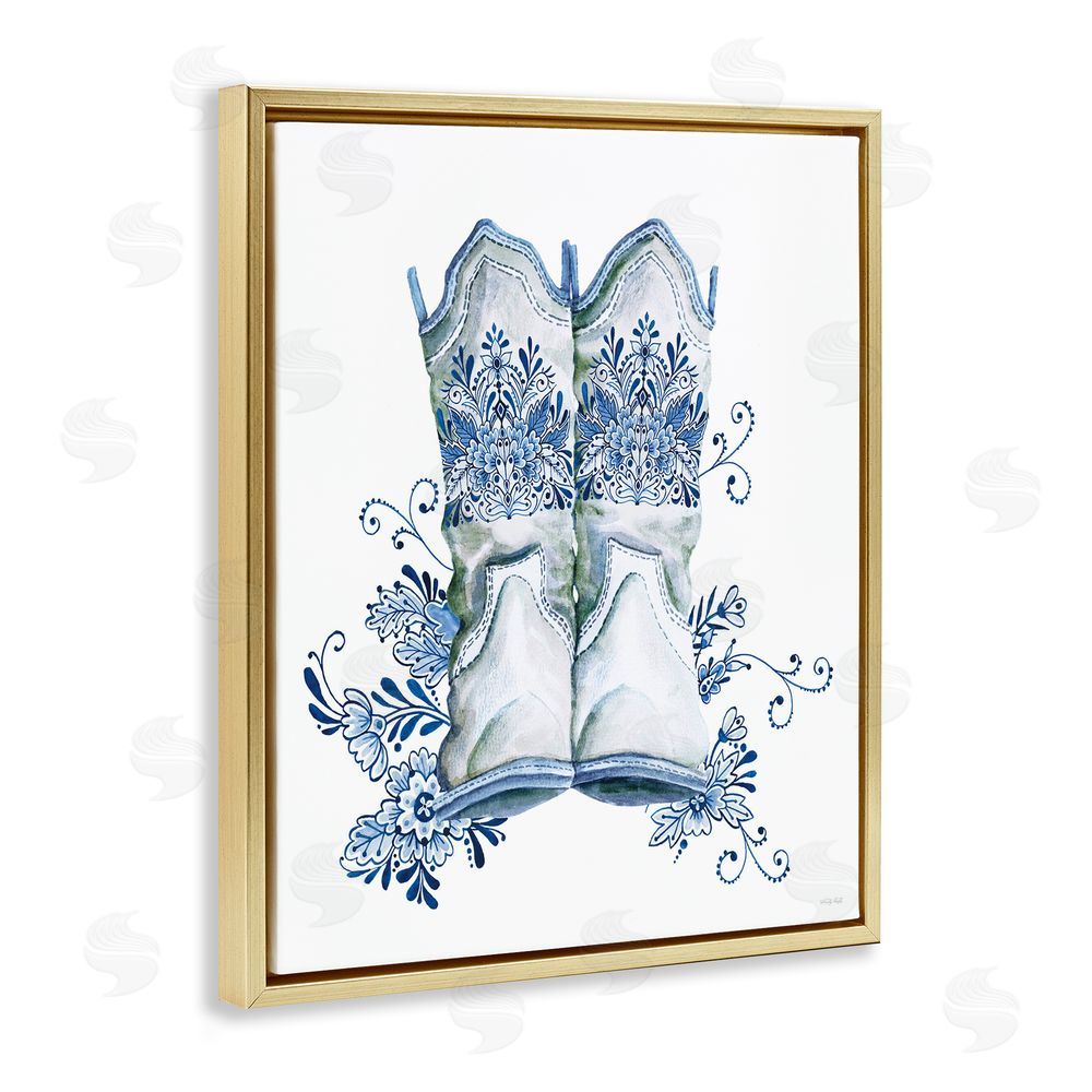 Cindy Jacobs Indigo Bloom Boots Gold Floating Frame Canvas Wall Art Print