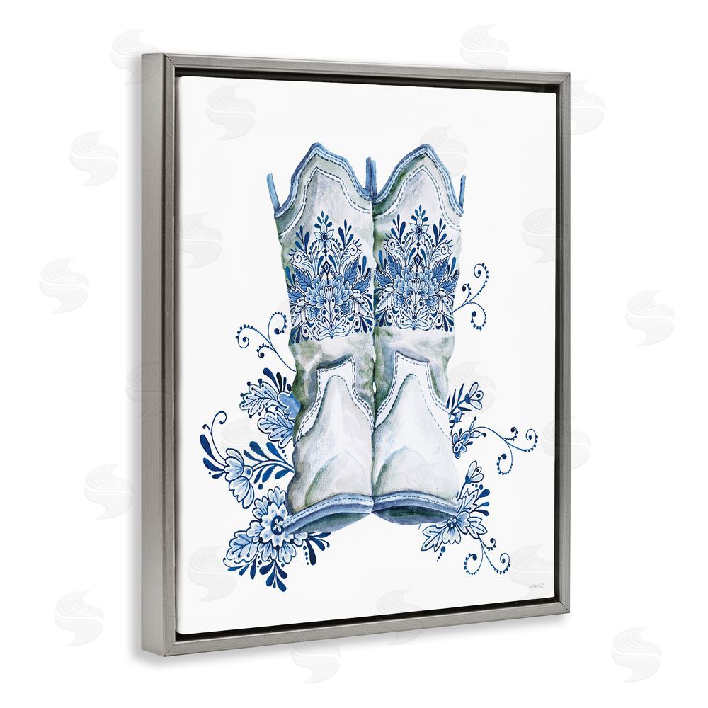 Cindy Jacobs Indigo Bloom Boots Gray Floating Frame Canvas Wall Art Print