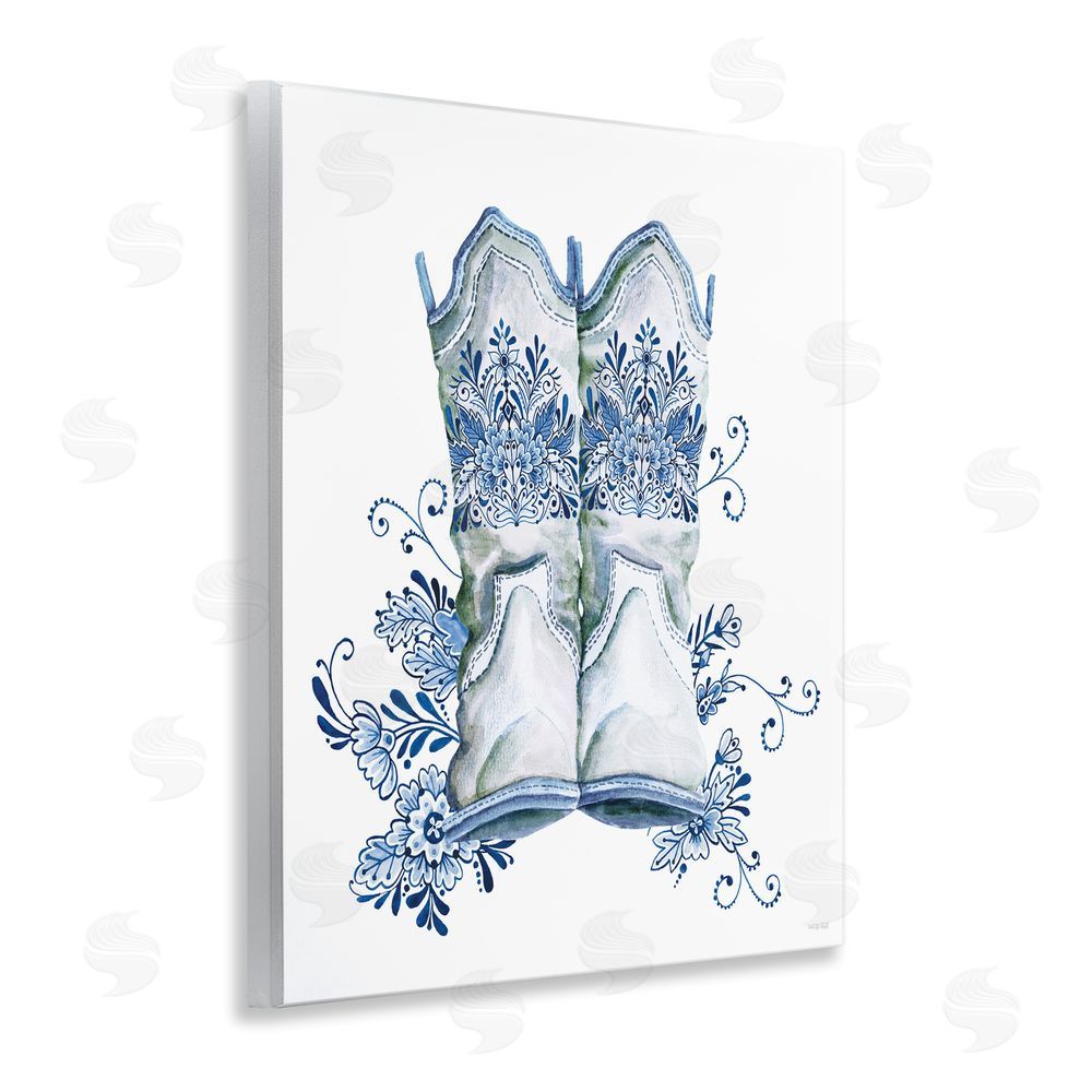 Cindy Jacobs Indigo Bloom Boots Wooden Wall Plaque Art Print