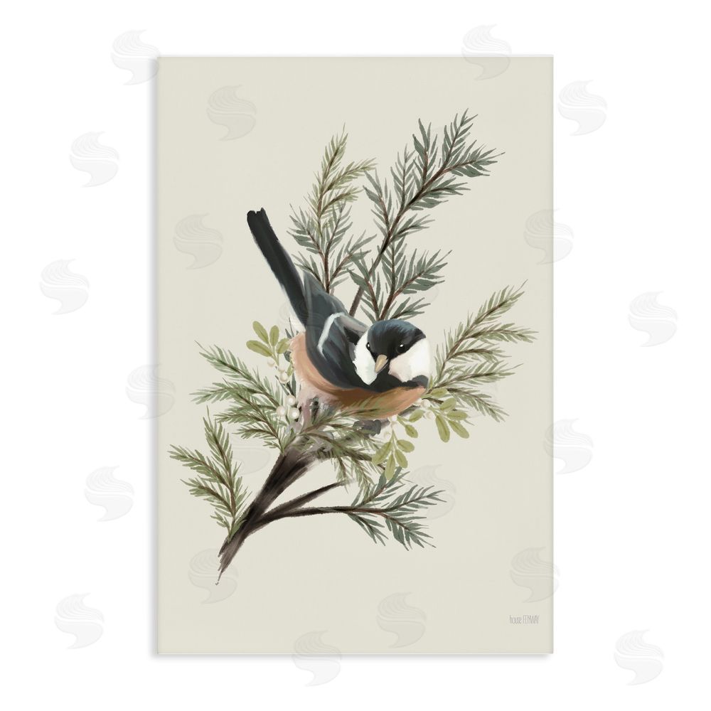 House Fenway Christmas Chickadee on Pine Stretched Canvas Wall Art Print