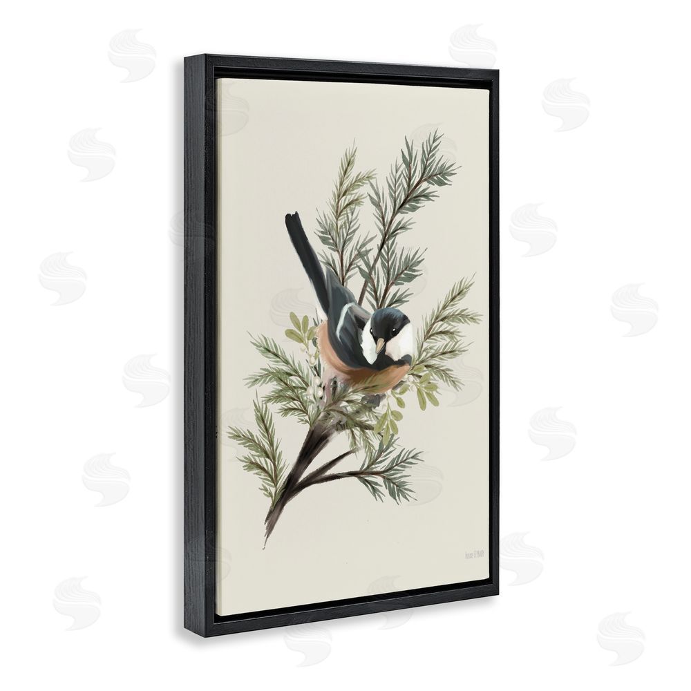 House Fenway Christmas Chickadee on Pine Black Floating Frame Canvas Wall Art Print