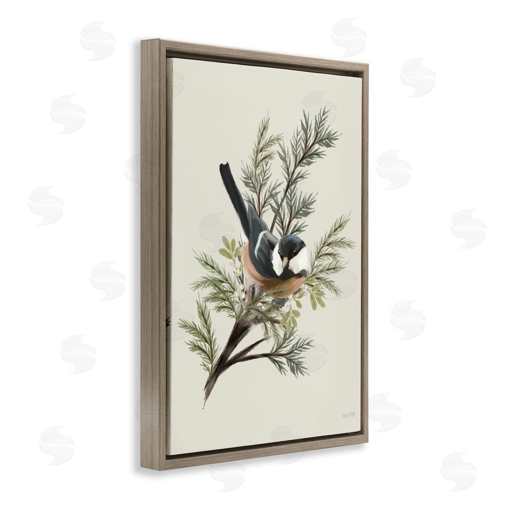 House Fenway Christmas Chickadee on Pine Brown Floating Frame Canvas Wall Art Print