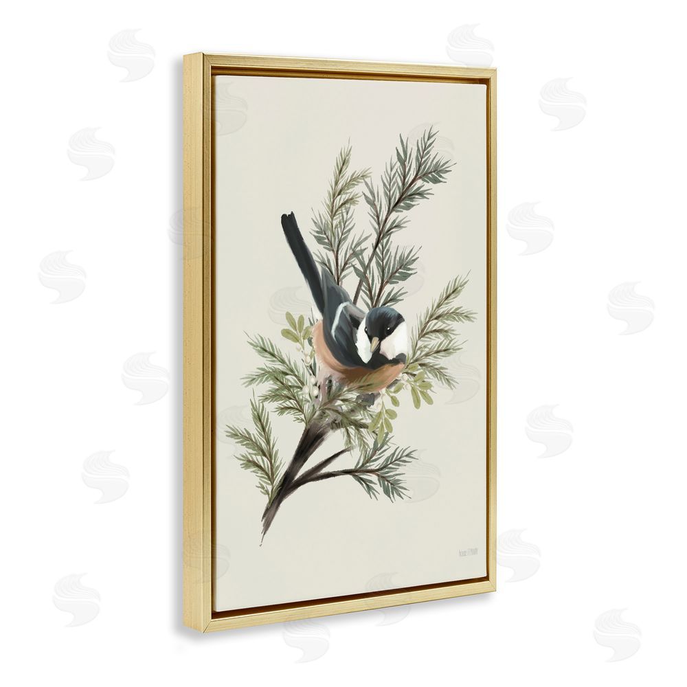 House Fenway Christmas Chickadee on Pine Gold Floating Frame Canvas Wall Art Print