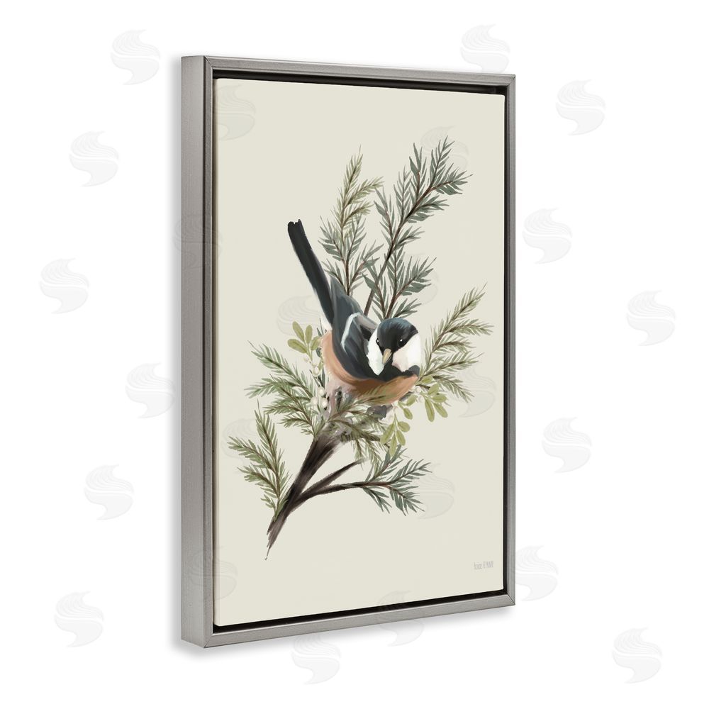 House Fenway Christmas Chickadee on Pine Gray Floating Frame Canvas Wall Art Print