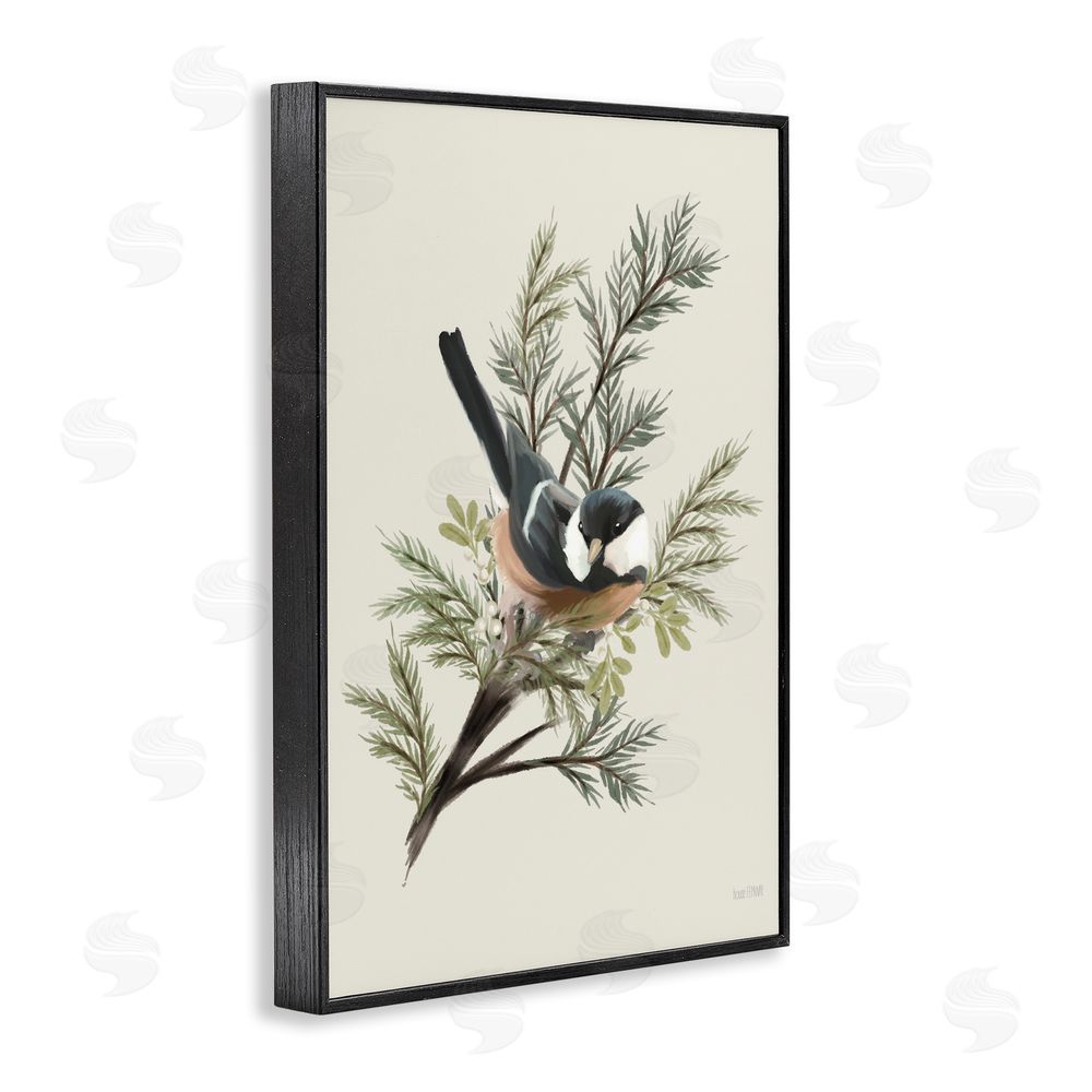 House Fenway Christmas Chickadee on Pine Black Framed Giclee Wall Art Print