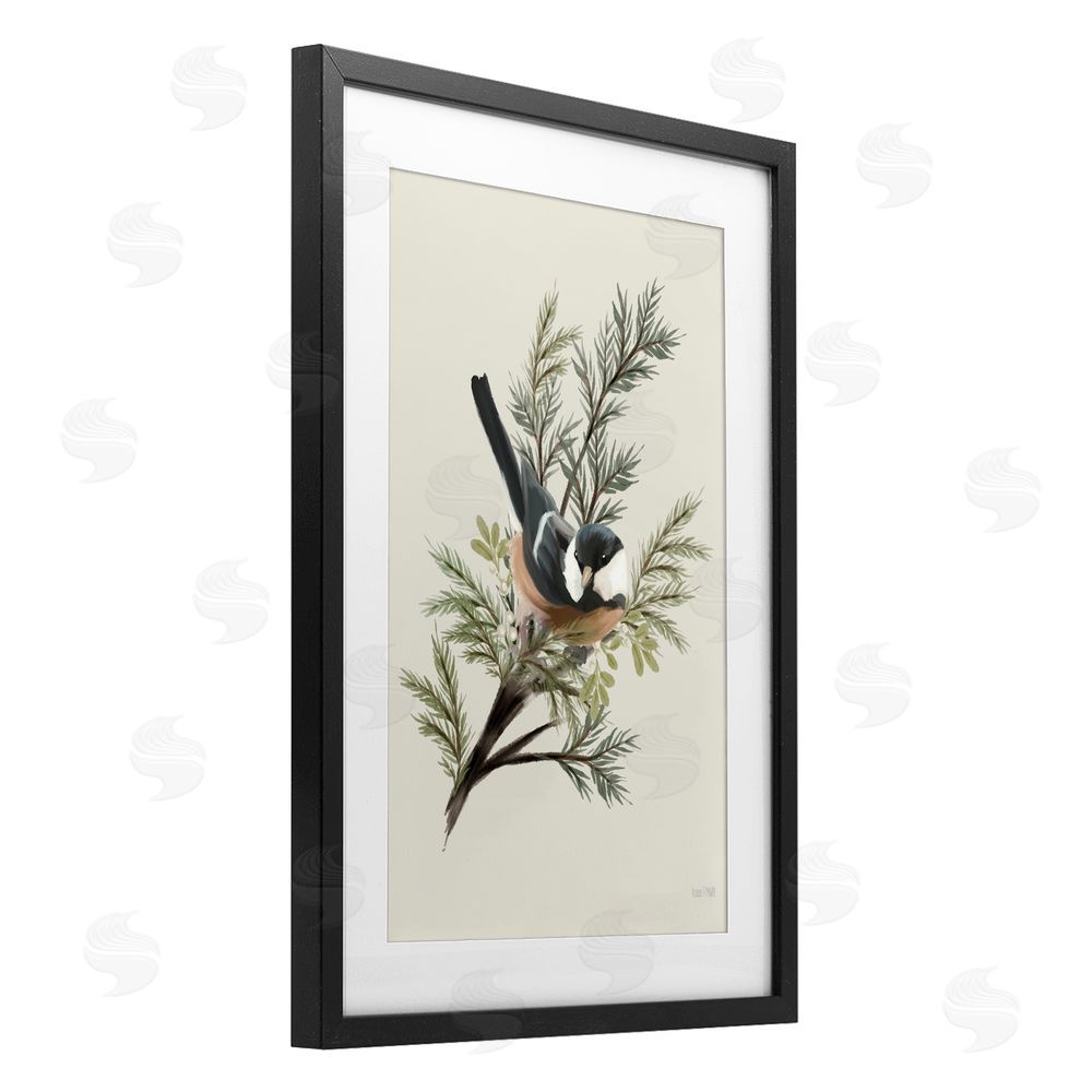 House Fenway Christmas Chickadee on Pine Black Framed Print Under Glass Wall Art