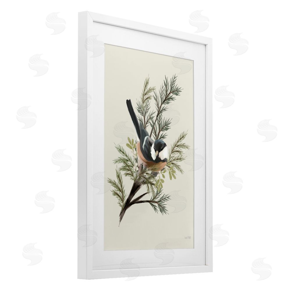 House Fenway Christmas Chickadee on Pine White Framed Print Under Glass Wall Art