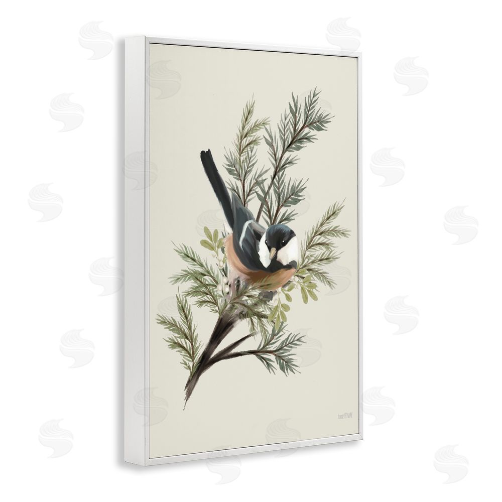House Fenway Christmas Chickadee on Pine White Framed Giclee Wall Art Print