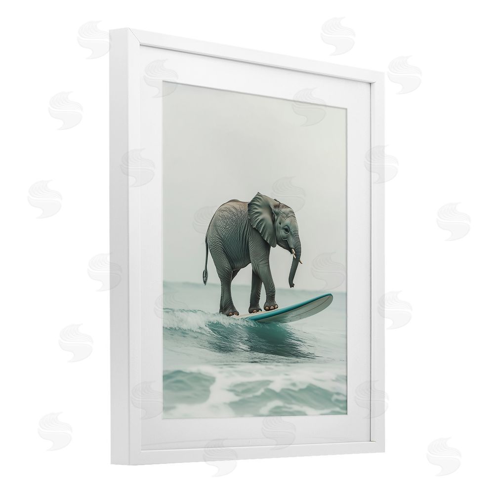 Heidi Kuntz Elephant Riding The Wave White Framed Print Under Glass Wall Art
