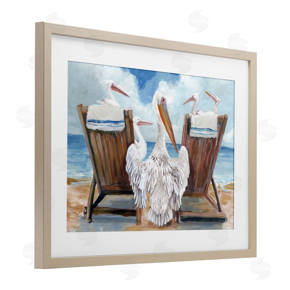 Stellar Design Studio Pelican Party Beachside Lounging Brown Framed Print Under Glass Wall Art