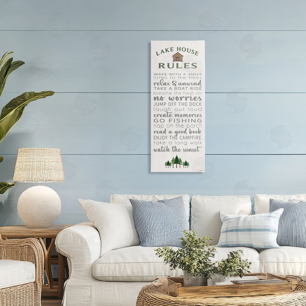Seven Trees Design Fun Lake House Rules Stretched Canvas Wall Art in Room