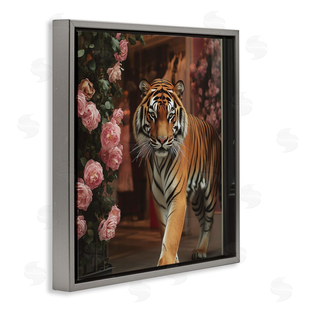 Heidi Kuntz Bengal Tiger Among Roses Gray Floating Frame Canvas Wall Art Print