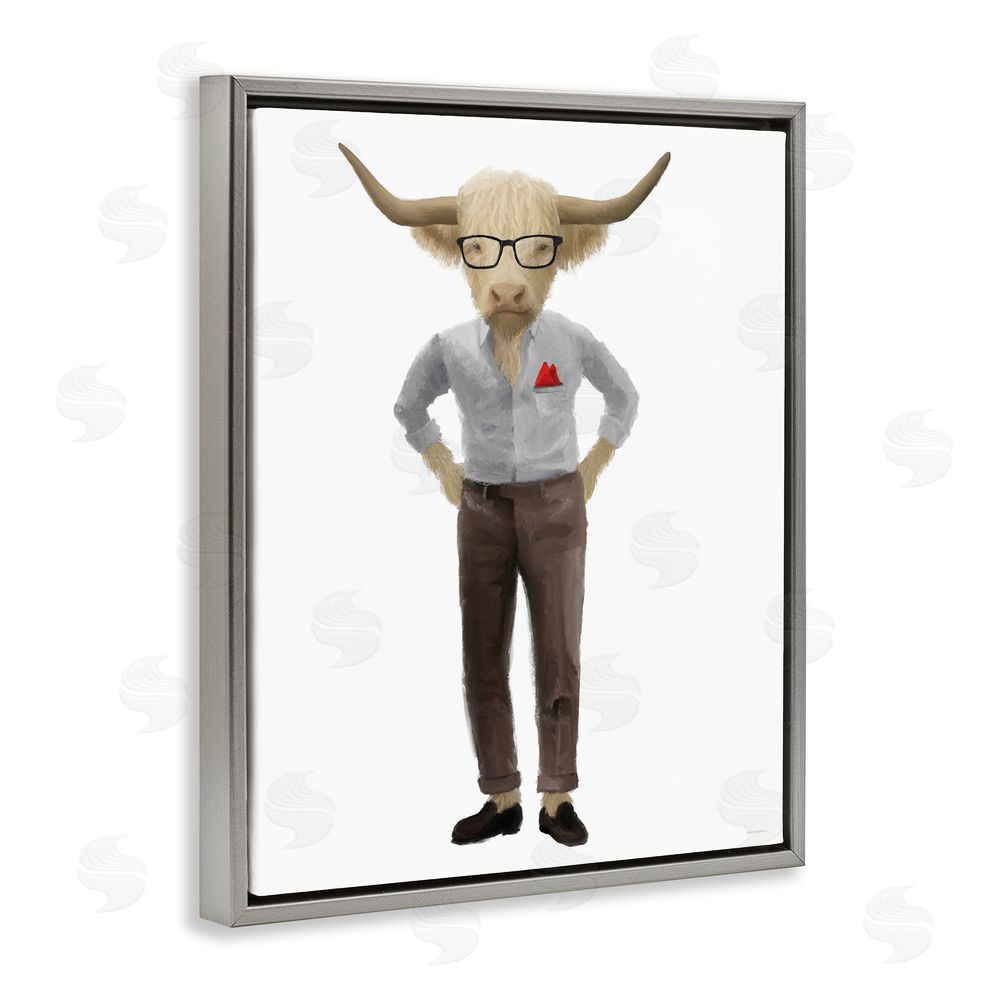 Kamdon Kreations Dapper Highland Hipster Bull Gray Floating Frame Canvas Wall Art Print