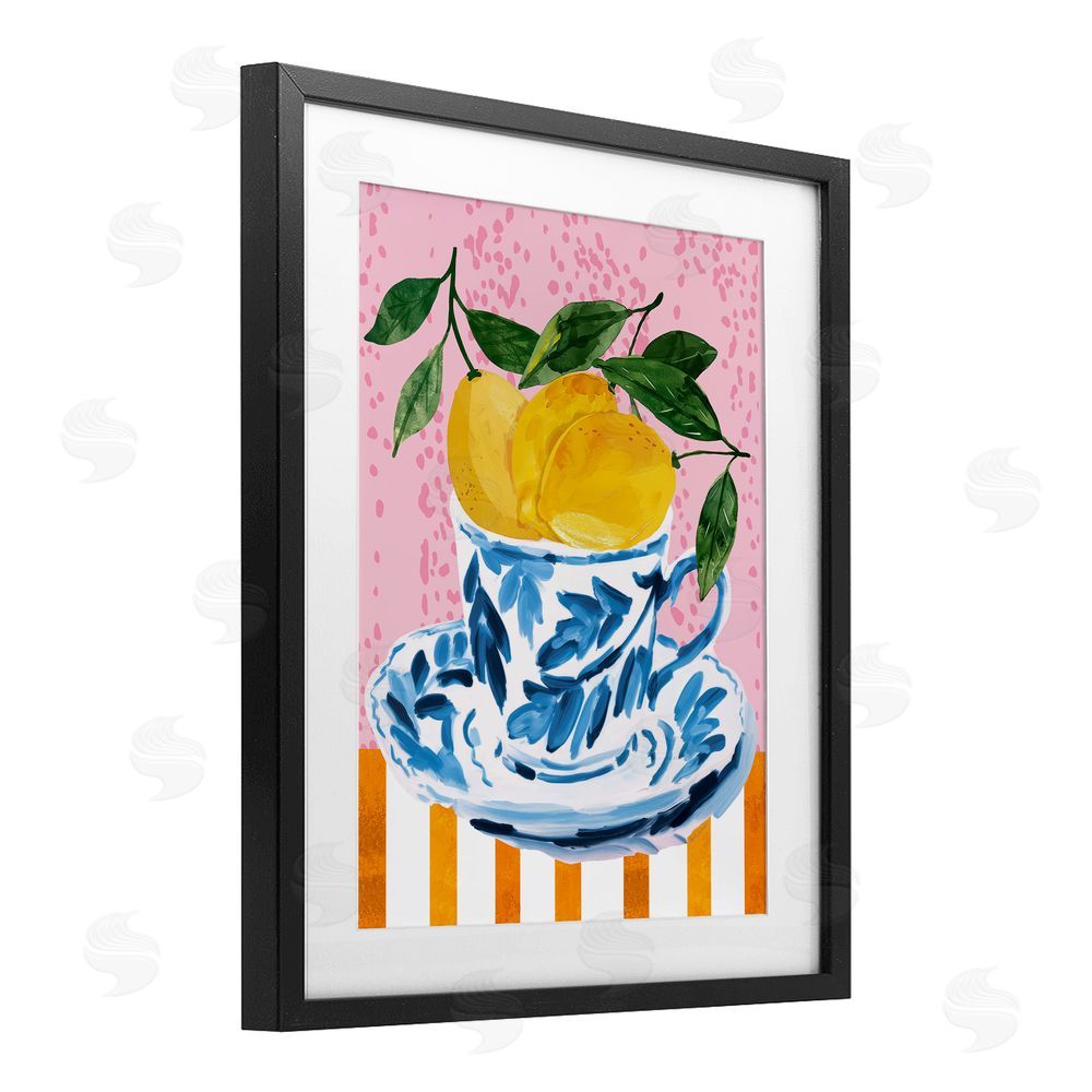 Nicole DeCamp Citrus Lemons Teacup Black Framed Print Under Glass Wall Art