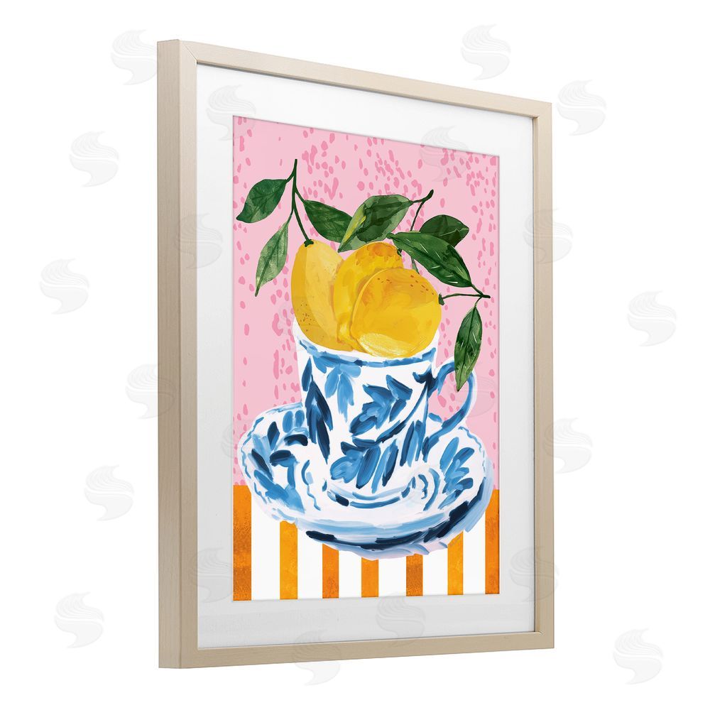 Nicole DeCamp Citrus Lemons Teacup Brown Framed Print Under Glass Wall Art