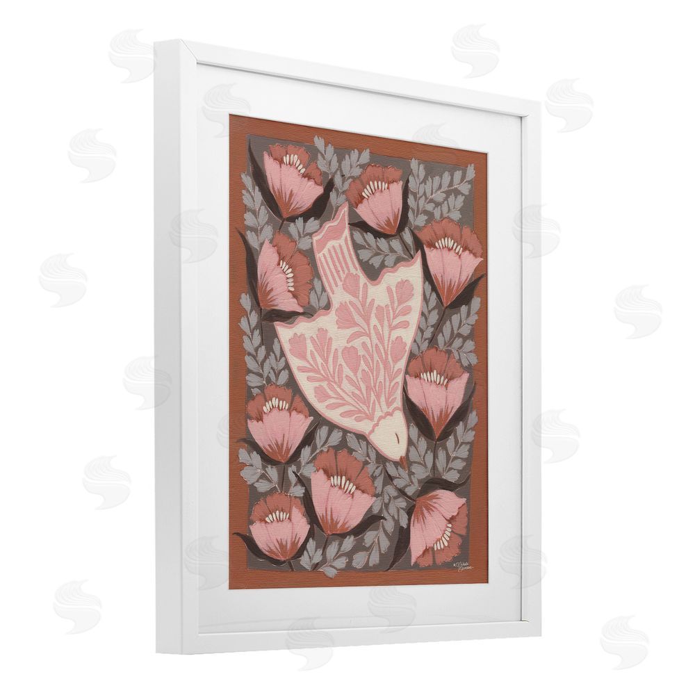 Michele Norman Floral Flight Pink Dove White Framed Print Under Glass Wall Art