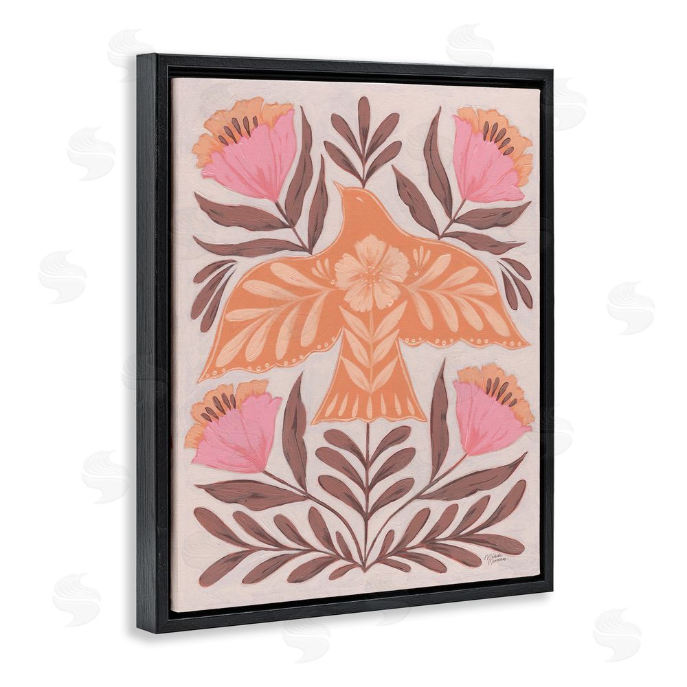 Michele Norman Coral Bird In Floral Flight Black Floating Frame Canvas Wall Art Print