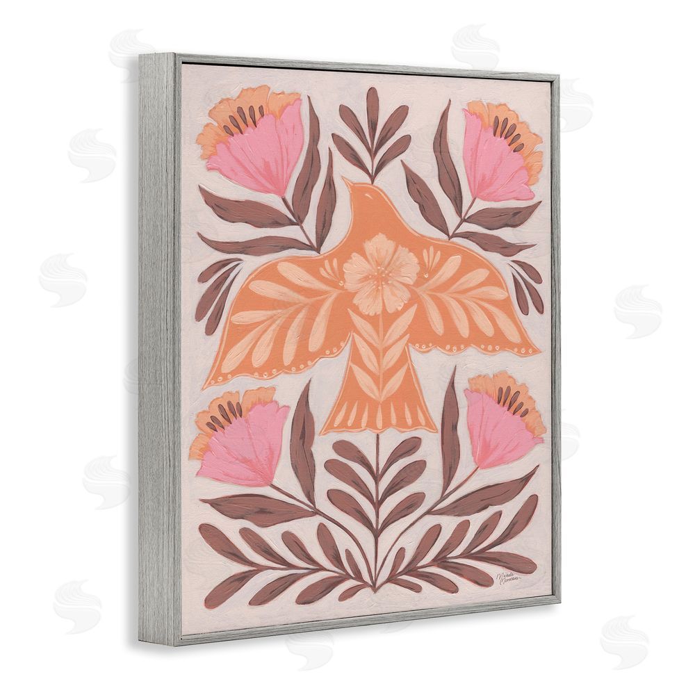 Michele Norman Coral Bird In Floral Flight Gray Framed Giclee Wall Art Print