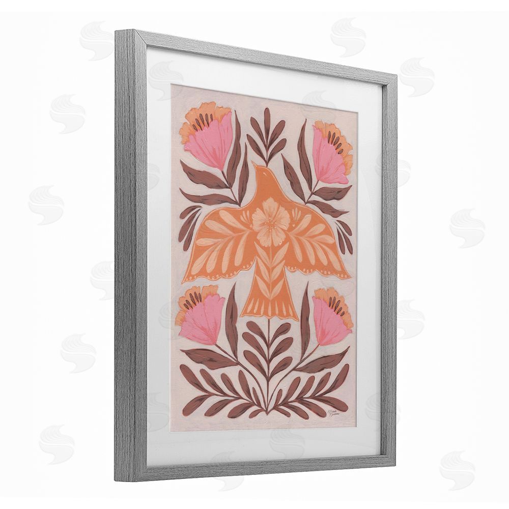 Michele Norman Coral Bird In Floral Flight Gray Framed Print Under Glass Wall Art