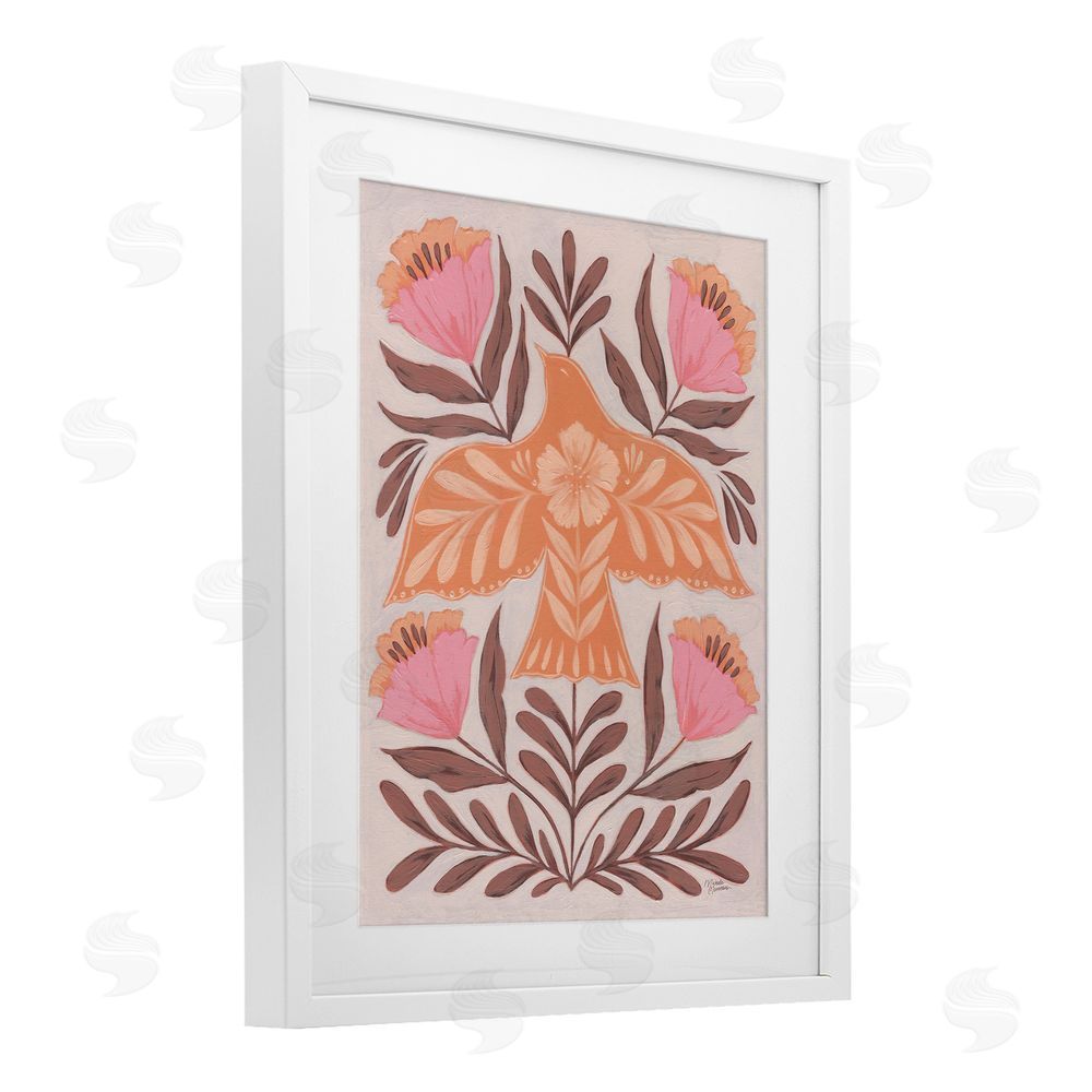 Michele Norman Coral Bird In Floral Flight White Framed Print Under Glass Wall Art
