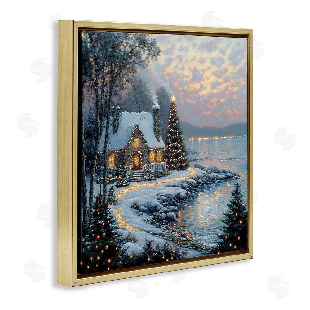 Heidi Kuntz Snowy Lit Cottage by Lake Gold Floating Framed Canvas Wall Art Print
