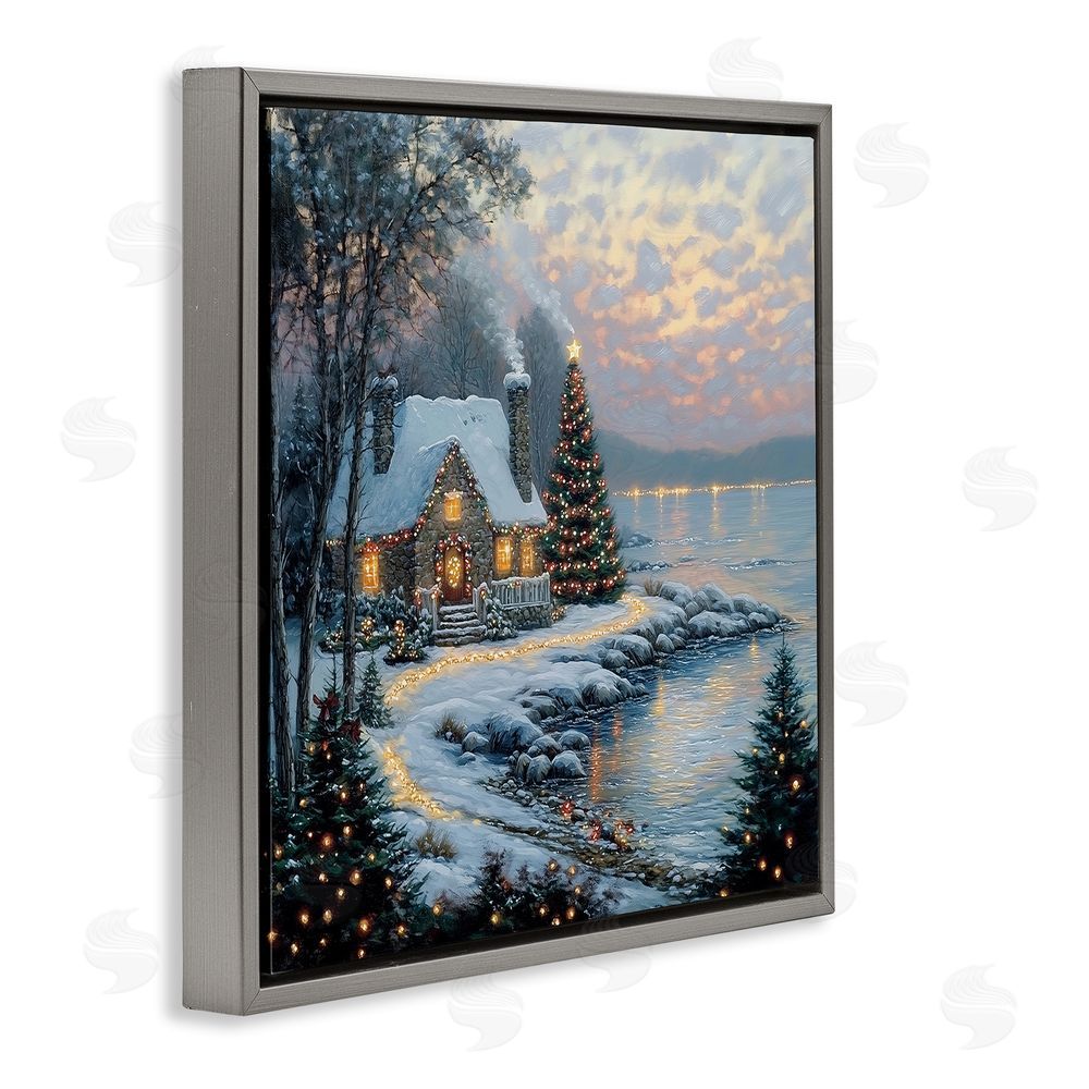 Heidi Kuntz Snowy Lit Cottage by Lake Gray Floating Framed Canvas Wall Art Print