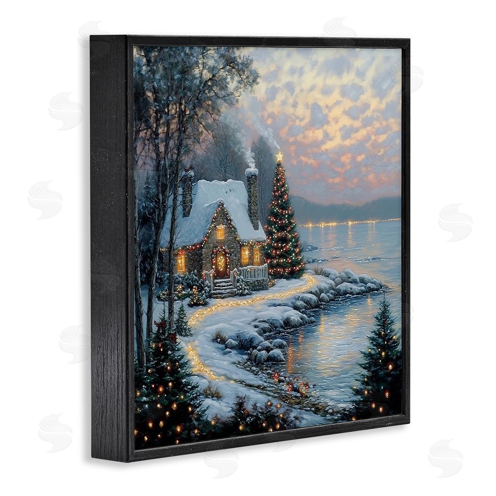 Heidi Kuntz Snowy Lit Cottage by Lake Black Framed Giclee Wall Art Print