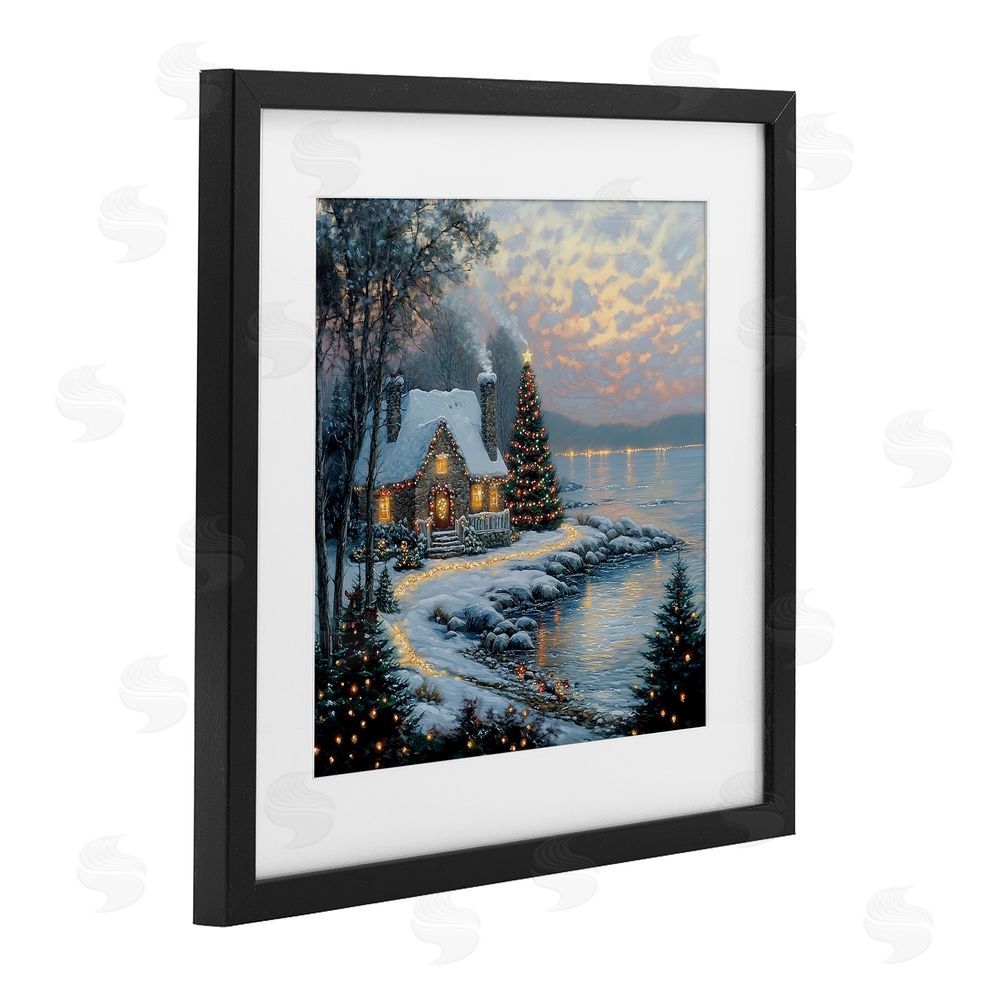 Heidi Kuntz Snowy Lit Cottage by Lake Black Framed Print Under Glass with White Mat Wall Art