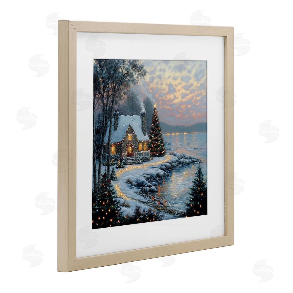 Heidi Kuntz Snowy Lit Cottage by Lake Brown Framed Print Under Glass with White Mat Wall Art