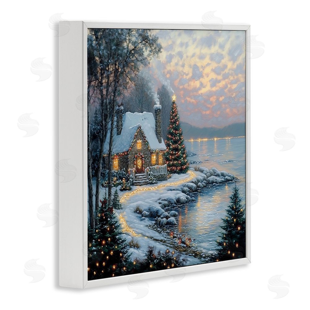 Heidi Kuntz Snowy Lit Cottage by Lake White Framed Giclee Wall Art Print