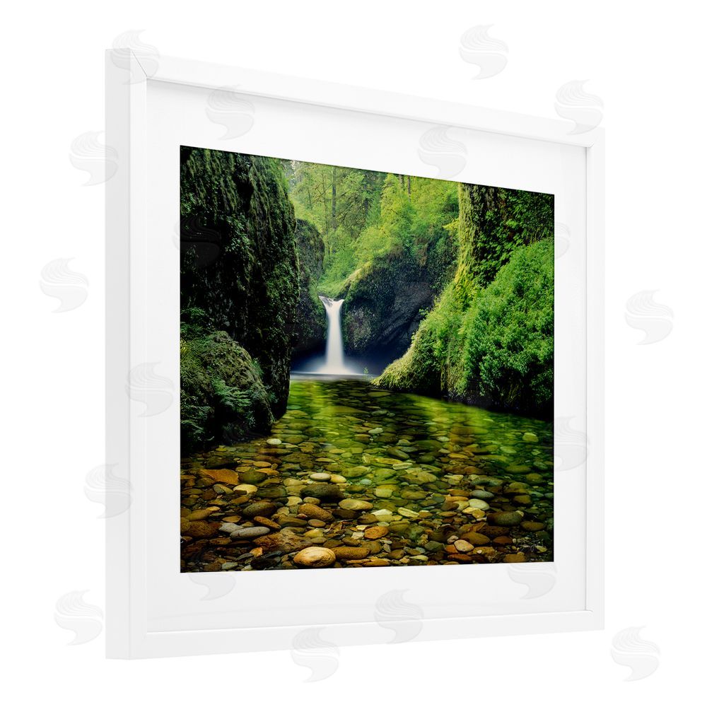 Dennis Frates Punchbowl Falls in Emerald Forest White Framed Print Under Glass Wall Art