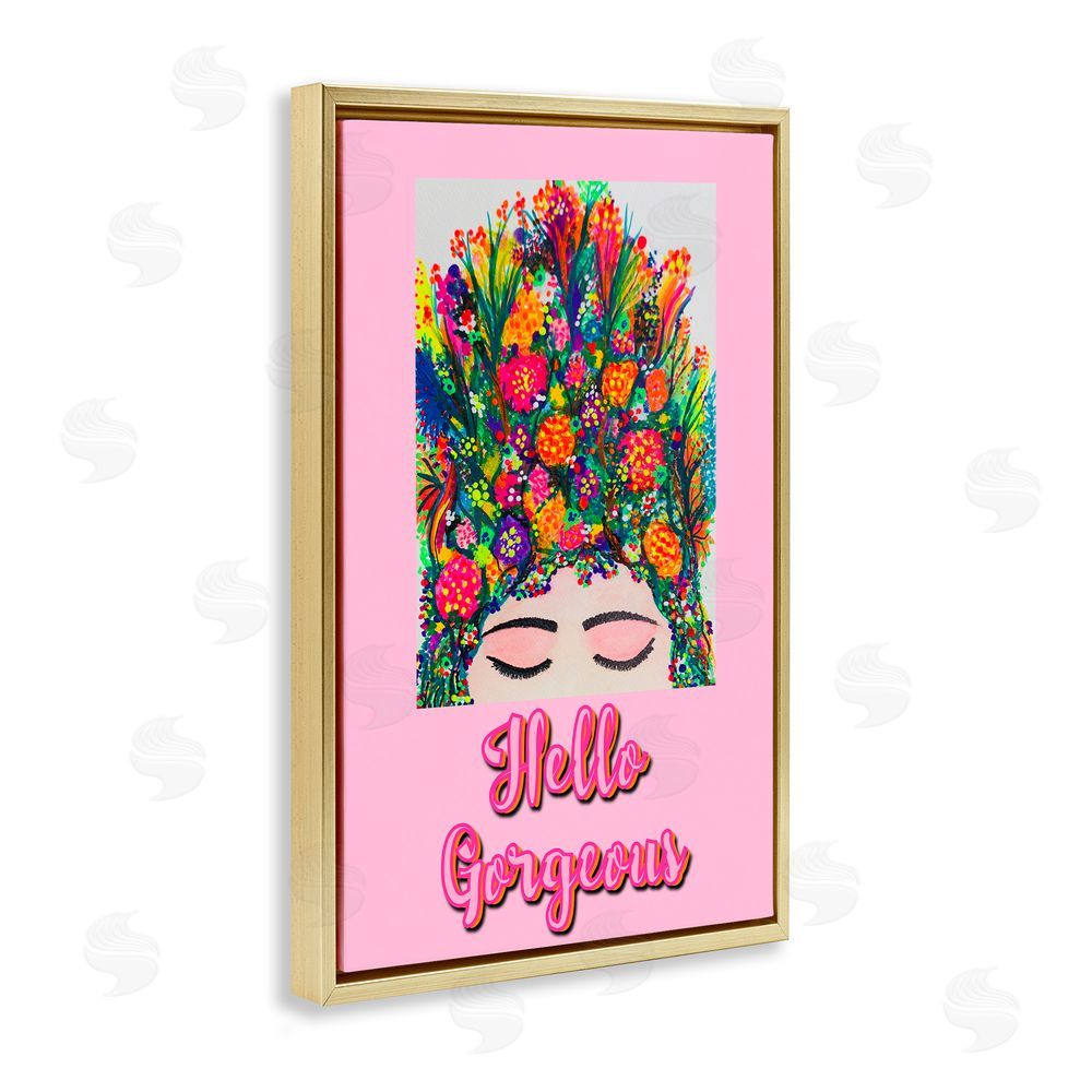 Pooja Dave Hello Gorgeous Floral Woman Gold Floating Frame Canvas Wall Art