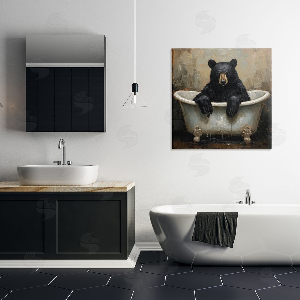 Tina LeCour Black Bear Bath Time Stretched Canvas Wall Art in Room