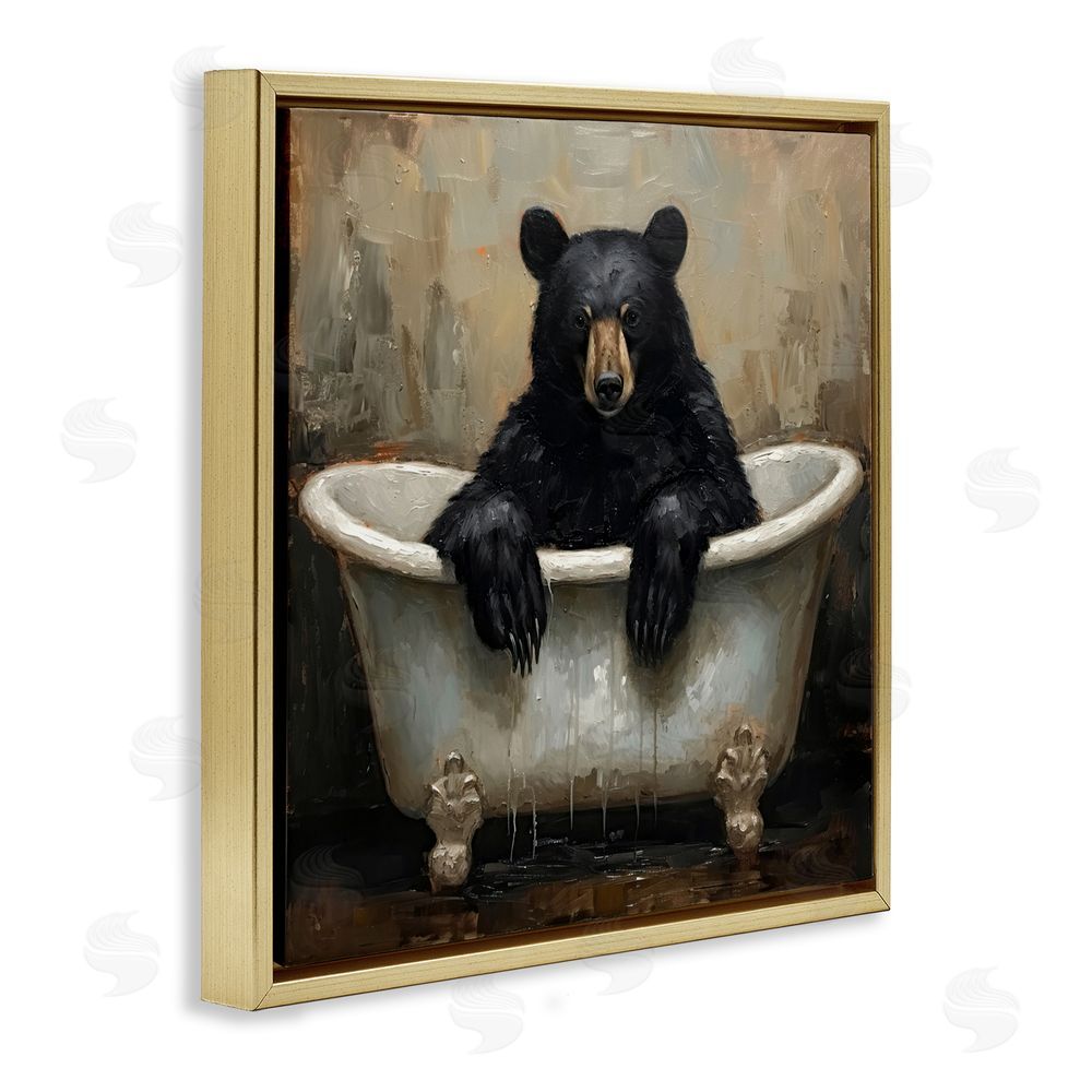 Tina LeCour Black Bear Bath Time Gold Floating Frame Canvas Wall Art Print