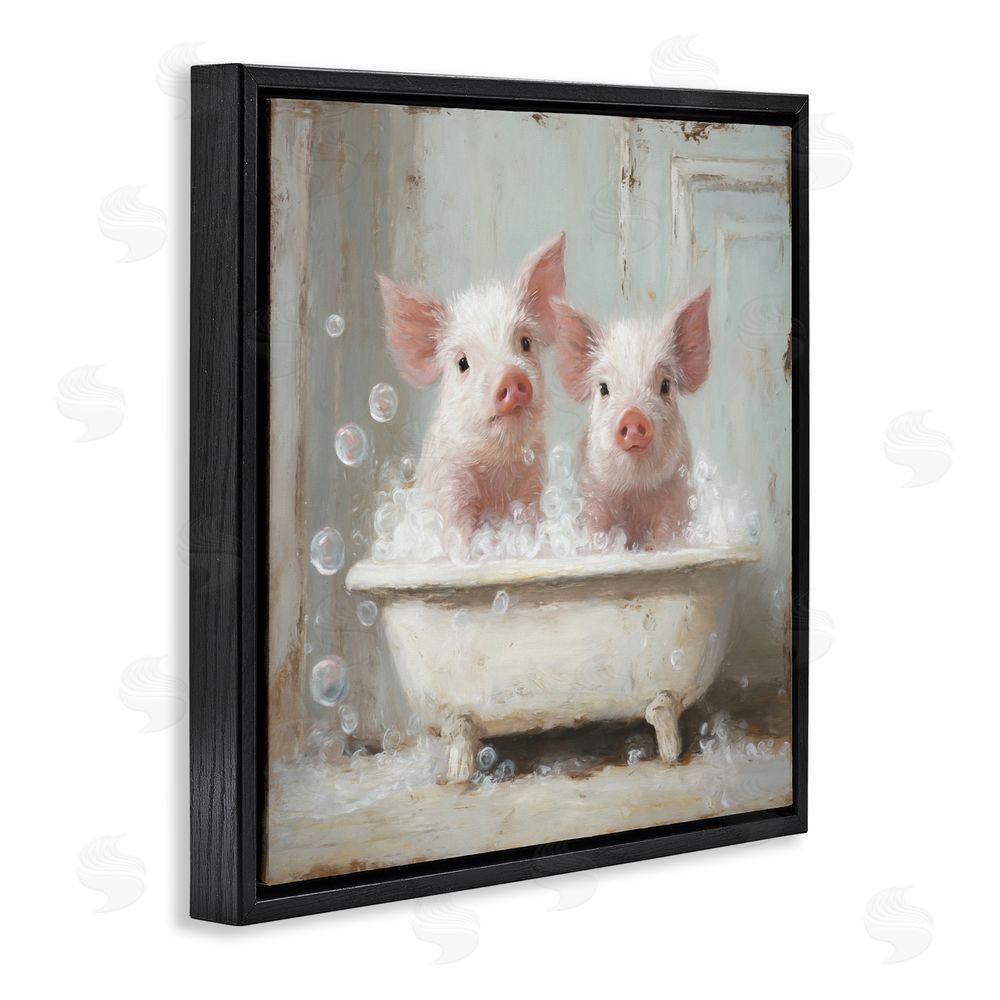 Tina LeCour Piglet Bubble Bath Black Floating Frame Canvas Wall Art Print