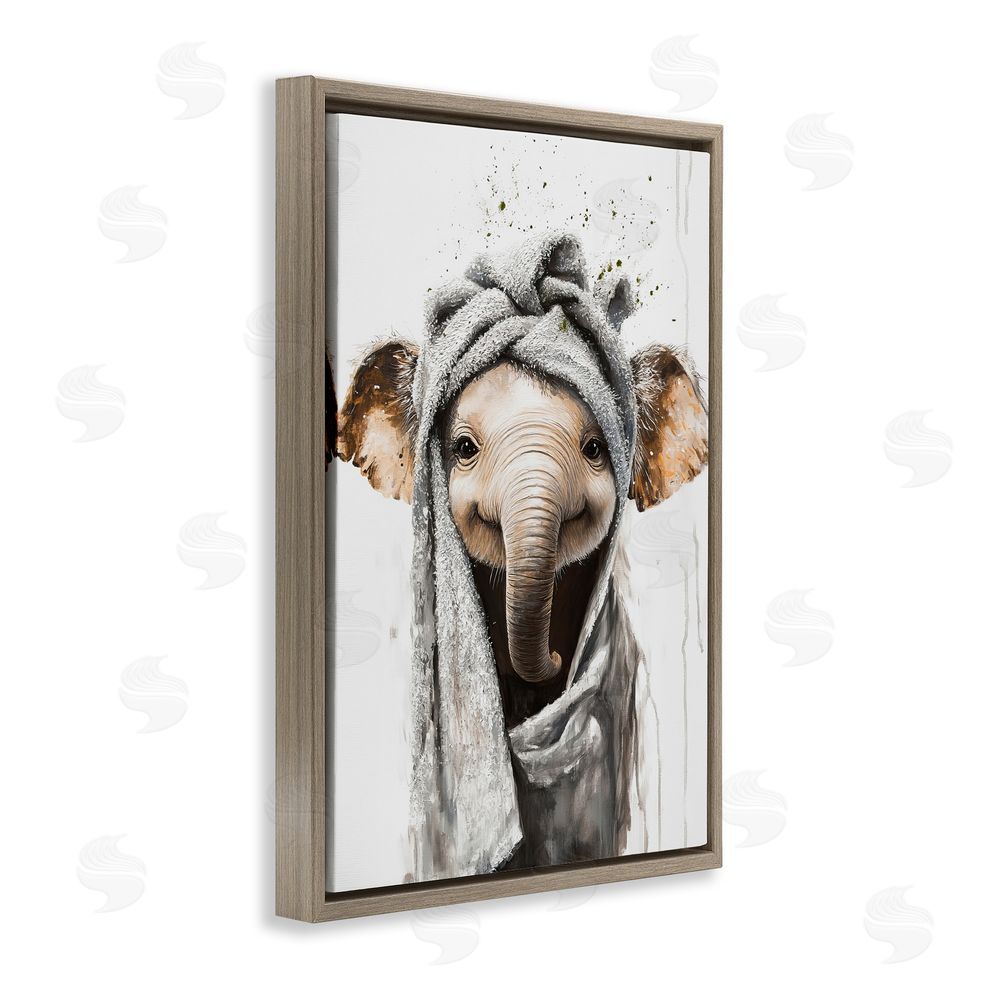 Tina LeCour Squeaky Clean Elephant Brown Floating Frame Canvas Wall Art Print