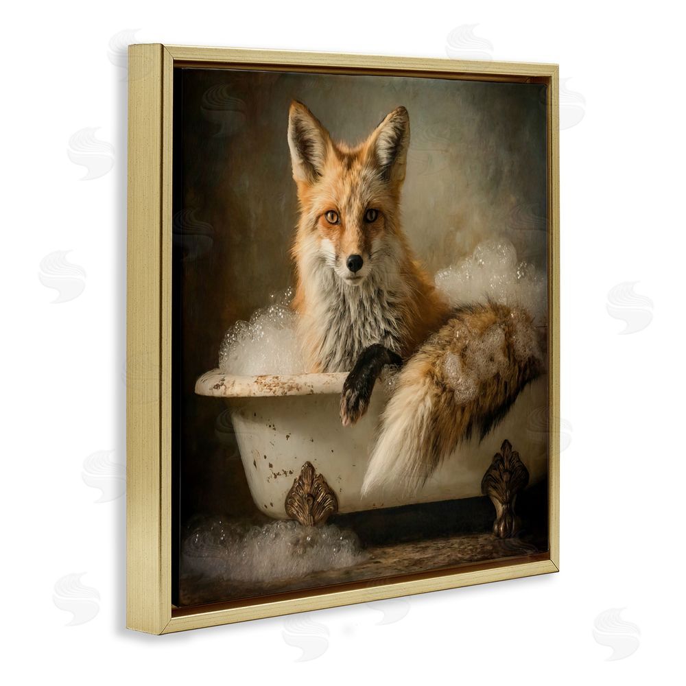 Tina LeCour Red Fox Bubble Bath Gold Floating Frame Canvas Wall Art Print