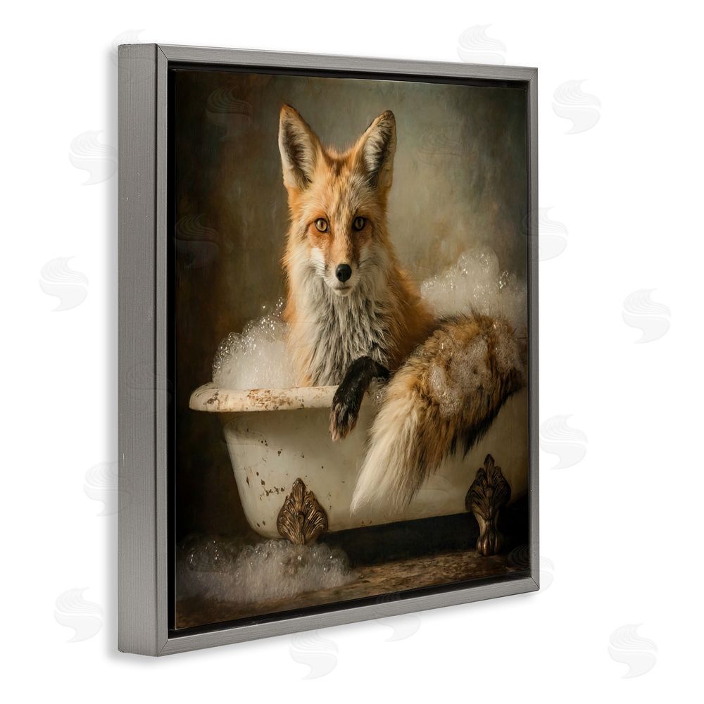 Tina LeCour Red Fox Bubble Bath Gray Floating Frame Canvas Wall Art Print