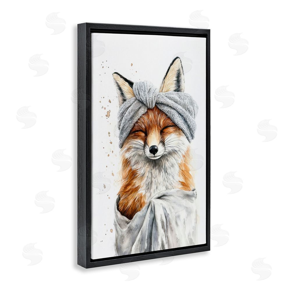 Tina LeCour Bathroom Fox Wrapped in Towel Black Floating Frame Canvas Wall Art Print