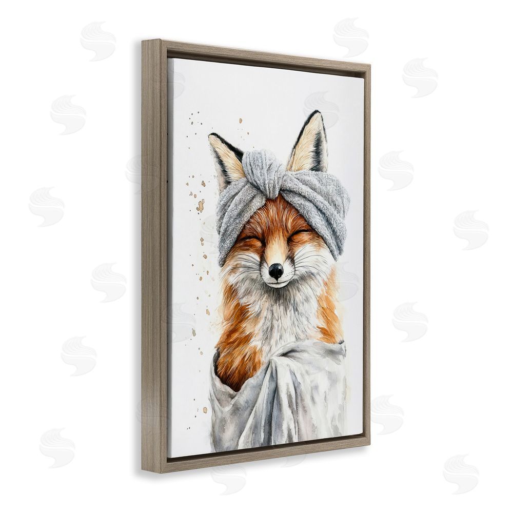 Tina LeCour Bathroom Fox Wrapped in Towel Brown Floating Frame Canvas Wall Art Print