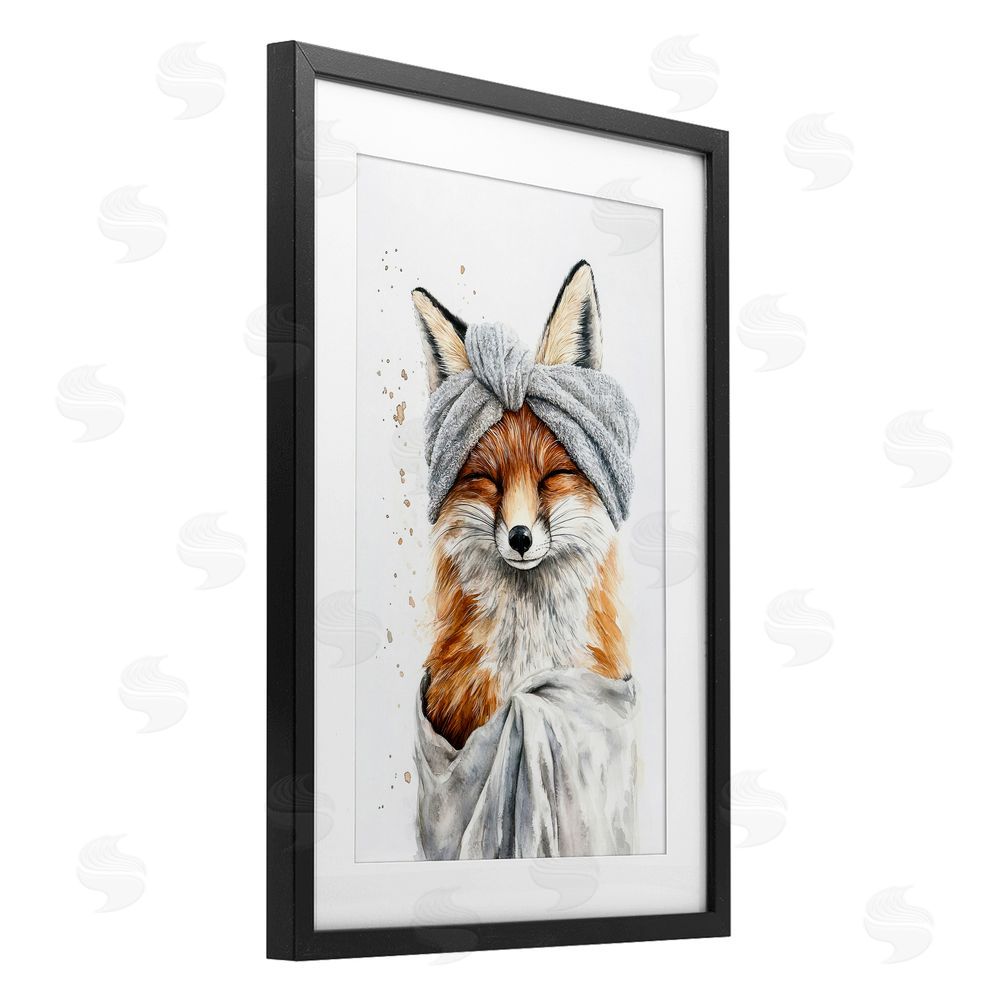 Tina LeCour Bathroom Fox Wrapped in Towel Black Framed Print Under Glass Wall Art