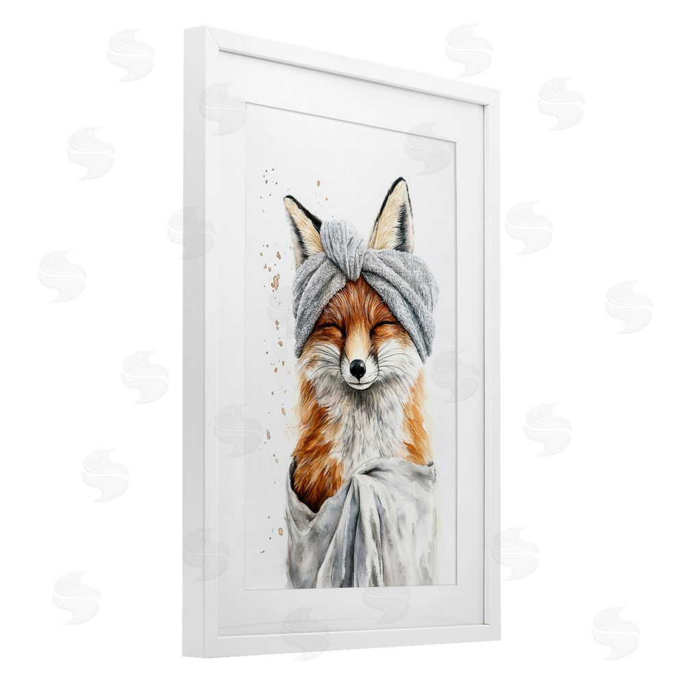 Tina LeCour Bathroom Fox Wrapped in Towel White Framed Print Under Glass Wall Art