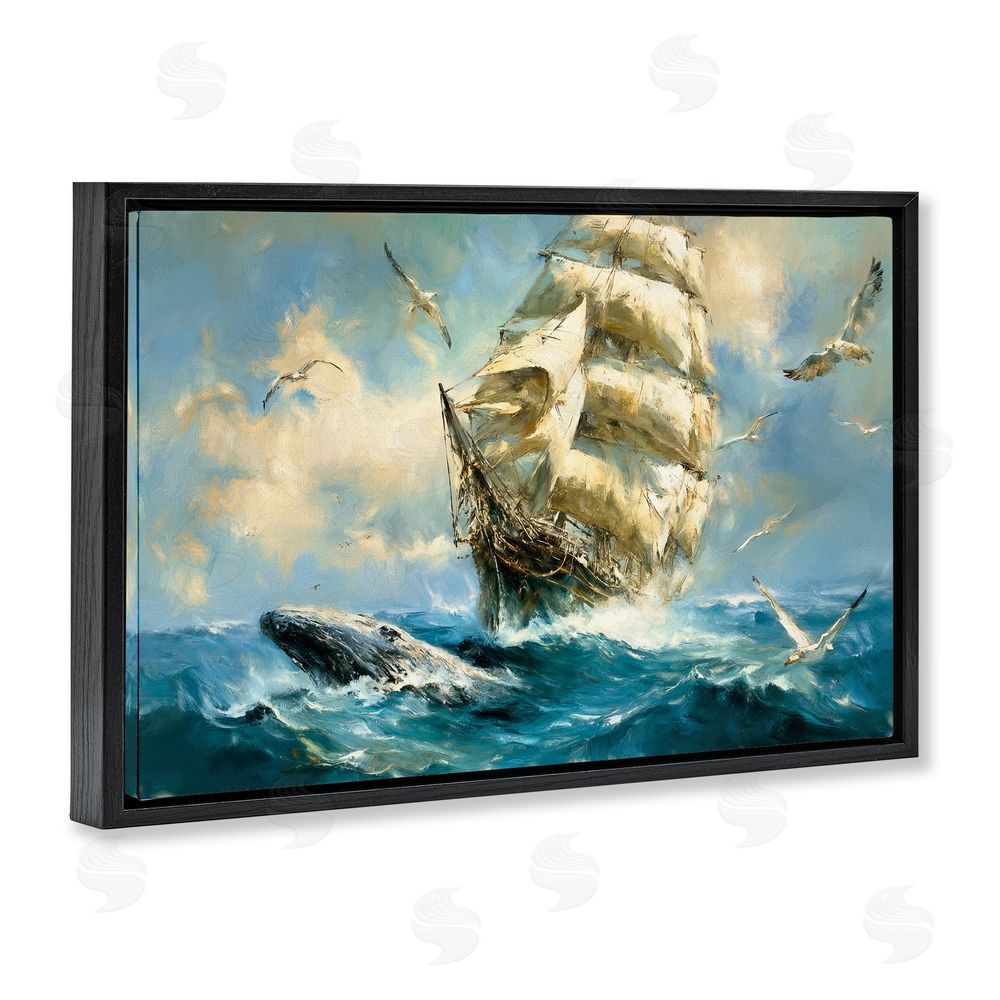 Tina LeCour Clipper Ship & The Whale Black Floating Frame Canvas Wall Art Print